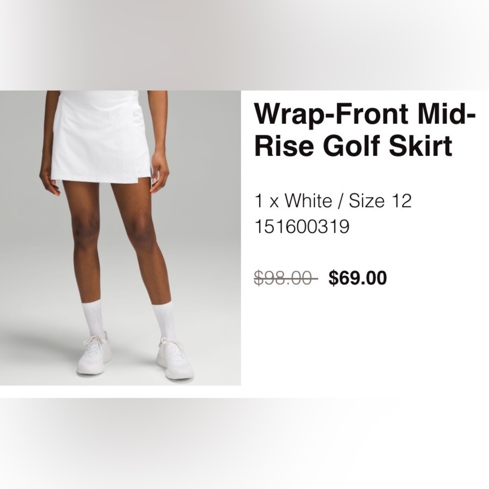 Lululemon White Mid-Rise Skirt, sz 12 NWOT